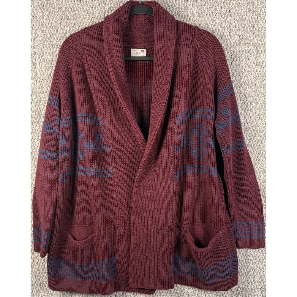 LA Hearts M/L Southwestern Aztec Cardigan Burgundy Navy Shawl Collar Boho P67